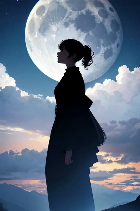 Best Quality,Big moon and shadow,A silhouette of a person can be seen against the backdrop of a large moon.,There is one full moon,There is a mood,Beautiful scenery,Starry Sky