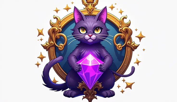 Anime art style, jewery amulet, purple gem, golden borders, wizard cat form, blank background