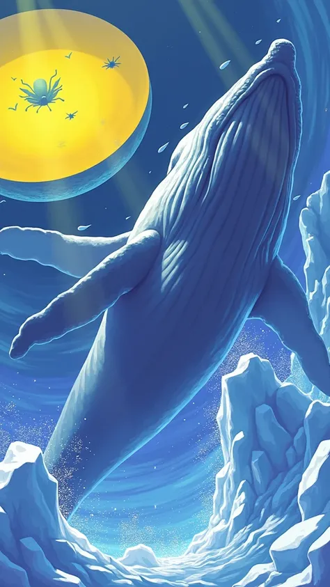 An ultra-realistic scene of a massive whale swimming gracefully underwater, surrounded by the deep blue ocean. Beneath the whale, a towering iceberg is partially submerged, with half of it visible below the surface and the other half floating above the wat...