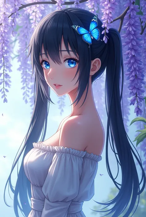 Anime fille longs cheveux noirs attachés en couettes yeux bleus avec papillon bleu dans les cheveux a côté dun arbre a glycines violettes en robe noire