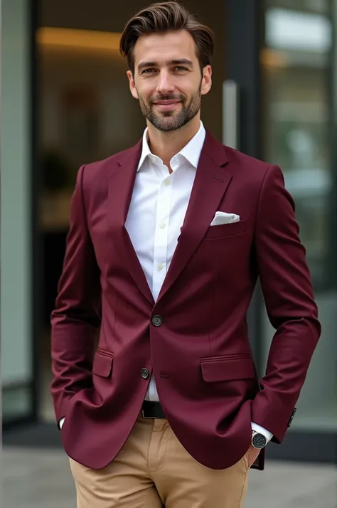 Burgundy Blazer + White Shirt + Tan Pants