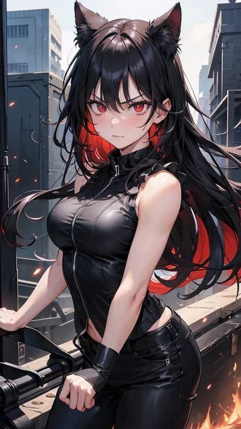 8K resolution,((Best Quality)),Ultra-high resolution,Adult women, Alone, sexy, (Angry face), (Deep red eyes), A beautiful, symmetrical face, (Black messy long hair),Black combat vest,Black suit pants,Realistic:1.4,Realistic:1.4,(masterpiece:1.2),Perfect Ey...