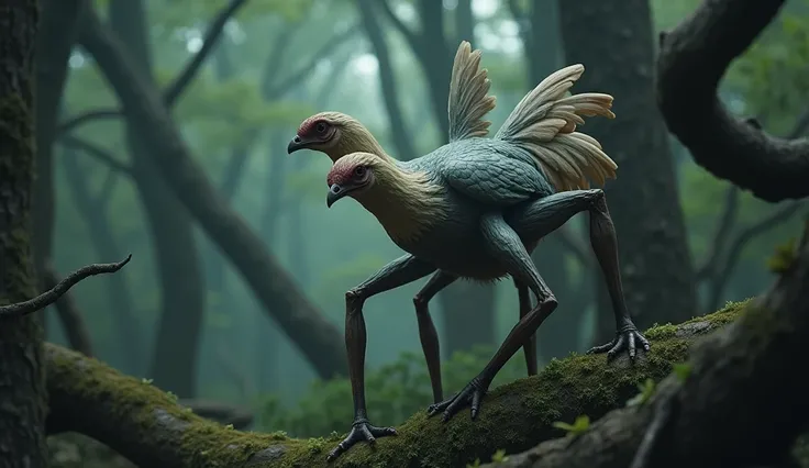 In the strange forest，There is a bird with six legs on the tree trunk，It has three chicken heads.，There is a third wing in the middle of the back(Best quality，4K，8k，High level，masterpiece：1.2），Ultra Detailed，（lifelike，Photo real，Photo real：1.37）(Best quali...