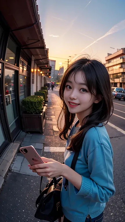 One person, Korean, Fisheye Lens, Selfie, wind, Messy Hair, sunset, Cityscape, (Aesthetics and atmosphere:1.2),smile