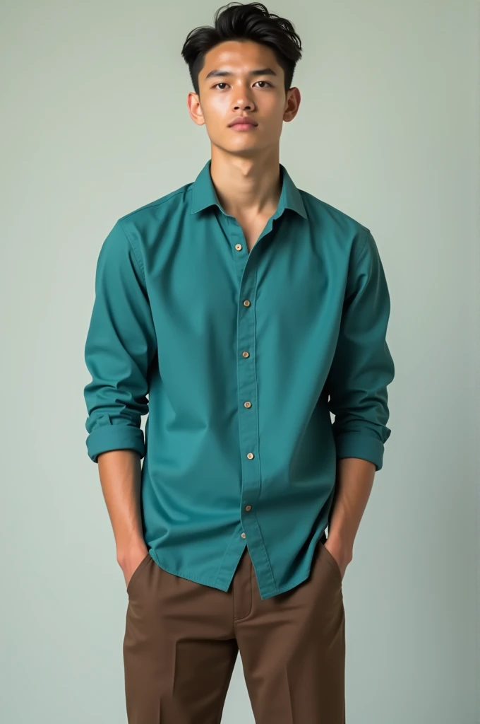 Teal Shirt + Dark Brown Trousers