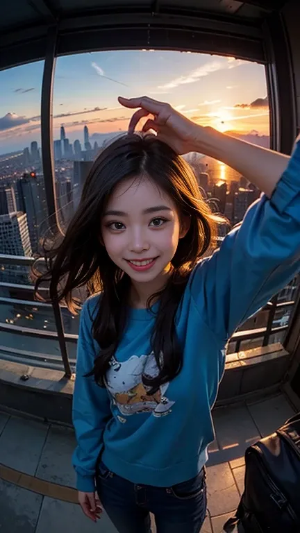 One person, Korean, Fisheye Lens, Selfie, wind, Messy Hair, sunset, Cityscape, (Aesthetics and atmosphere:1.2),smile