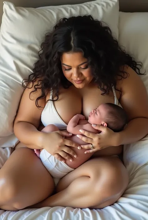 Lasiana Angels plus size model is breastfeeding her baby on the bed with the bra taken off in white underwear 