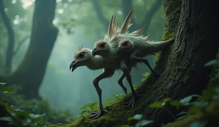 In the strange forest，There is a bird with six legs on the tree trunk，It has three chicken heads.，There is a third wing in the middle of the back(Best quality，4K，8k，High level，masterpiece：1.2），Ultra Detailed，（lifelike，Photo real，Photo real：1.37）(Best quali...