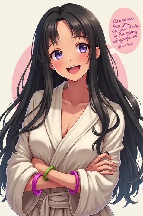 1girl, solo, black_hair, realistic, parody, english_text, robe, meme, happy, wristband, looking_at_viewer