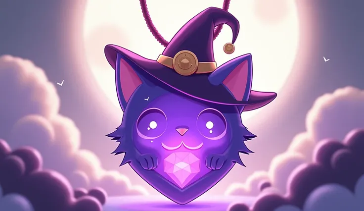 videogame art style, Majo Shojo amulet, purple gem shaped as a cat head with a witch hat, minimalist