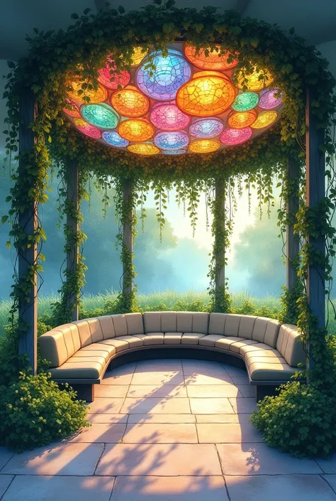 Realistic Watercolor Painting, A picture, Modern minimalist gazebo round wide, closed on all sides by many narrow beams, tightly intertwined with vines on all sides, with seats all around, which are attached to the walls of the gazebo,  with a flat roof wi...