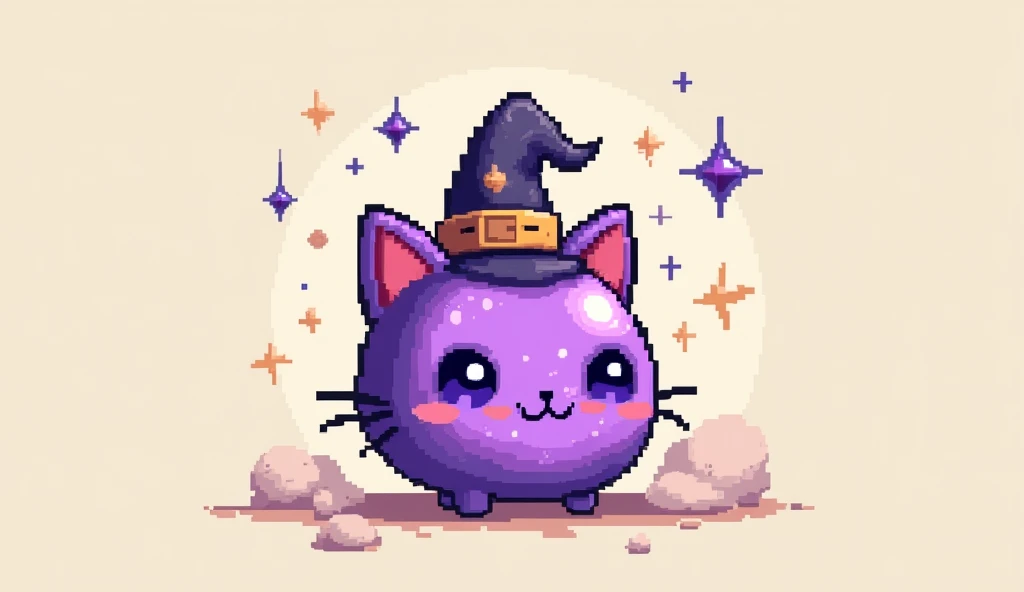 pixel game art style, Majo Shojo amulet, purple gem shaped as a cat head with a witch hat, minimalist