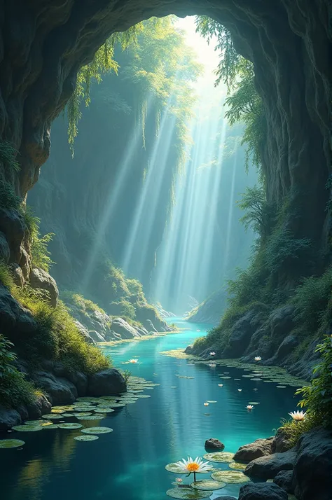 A landscape of a river inside a cave with nature and foliage, magic lights, floating lilies,in water. masterpiece