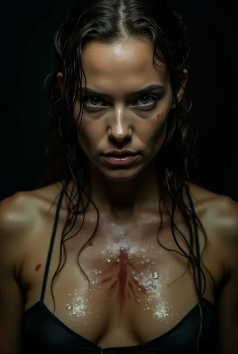 A close-up of a determined woman with wet hair, staring intensely forward. Her face and body are covered in water droplets, with a visible scar on her chest. The lighting emphasizes the moisture on her skin, giving a dramatic and cinematic feel. The backgr...