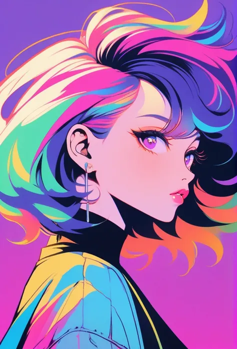 ((illustrator)), stylish, sketch, 1girl, rockstar, shiny lip, jersey wear, order, very modern stylish asymmetry hair, purple ((gradient)) background, neon hair, textured crop, (masterpiece, best quality), portrait, ((dynamic angle)),close up girl, looking ...