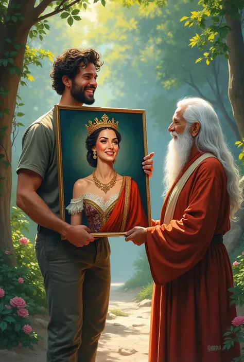 An happy artist man holding a painting of queen  and met a rishi 