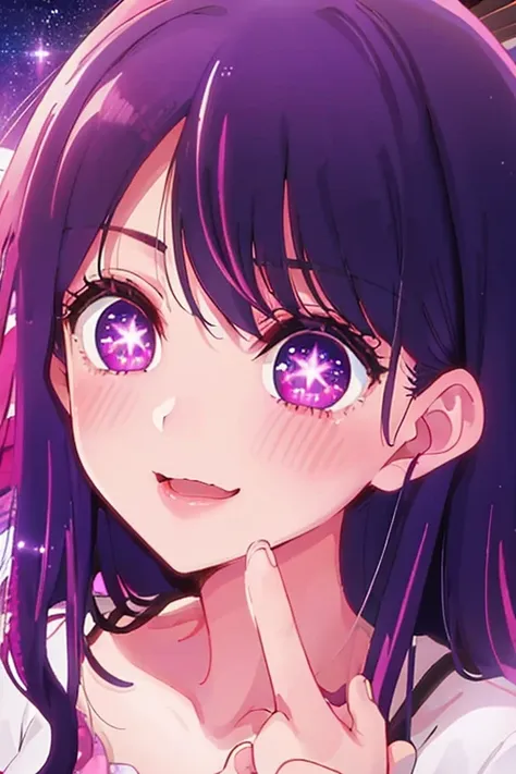 masterpiece、Best Quality、Very detailed、(One girl:1.2)、Purple Hair、Shiny Hair、Pink Dress、Starry Eyes、Big Eyes、Close up shot、A perfect smile、Second Mother、Woman in her 20s、A beautiful girl once in a thousand years、Hoshino Ai