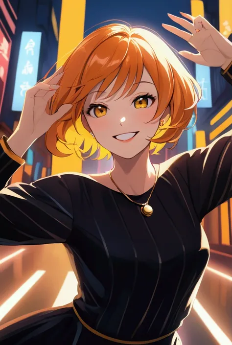 A mature woman with a sharp style, orange short hair and yellow eyes、Urban Neon Background、Dancing pose、masterpiece、Superb、(Cool smile close-up)