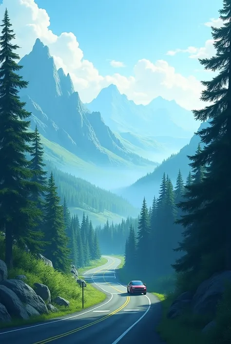 Landscape in cool blue and green tones with a road in the mountains, pine trees and a car descending. The whole landscape from first person on the road from the top of the mountain 