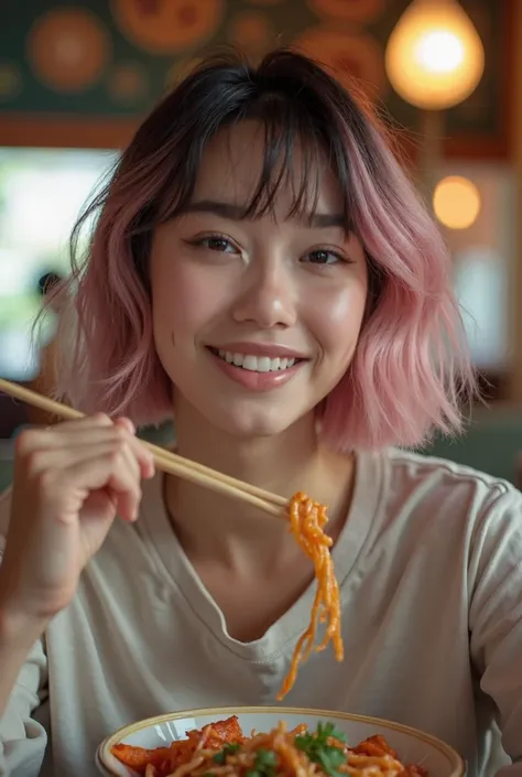 Crée une nouvelle femme à partir de cette image. Elle a 20 ans, est dorigine hispanique et chinoise. Elle est belle et naturelle. Elle a une coupe de cheveux carrée avec une frange épaisse rose pastel. Ses sourcils sont bien dessinés, légèrement épais. Ell...