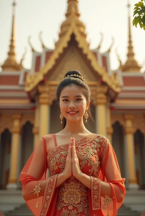 Sabaihtai, detail dress with intricate golden embroidery, worn by a womanPress the palms together in front of the chest in a respectful gesture,smily teeth, and standing in front of the Grand Palace. The camera captures a wide shot with the ornate architec...