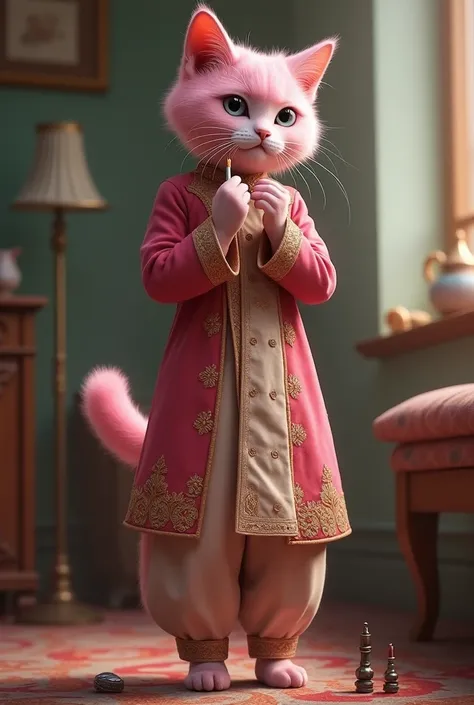 tall height pink  cat wear kamiz shalwar  and standing and doing make up 