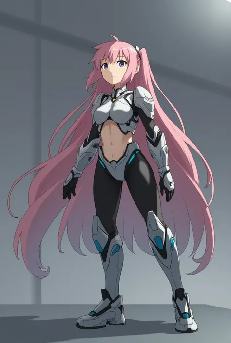 One girl, Long Hair, Pink Hair, Gundam style armor,Girl&#39;s body,Black tights,look up, Close-up, Anime Style, Canon, flat breasts,Bare Skin,transparent