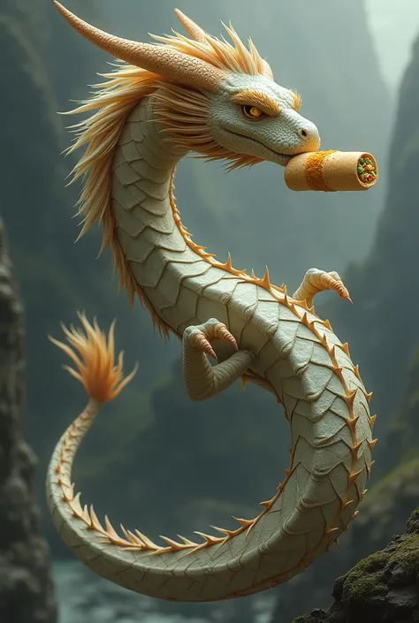 A long, snake-like dragon with a detailed, narrow head, small front claws, and a flowing mane near its head. The dragons body curves downward in an S shape, resembling a road, with road markings (dashed lines) along the back. Additional diamond-shaped mark...