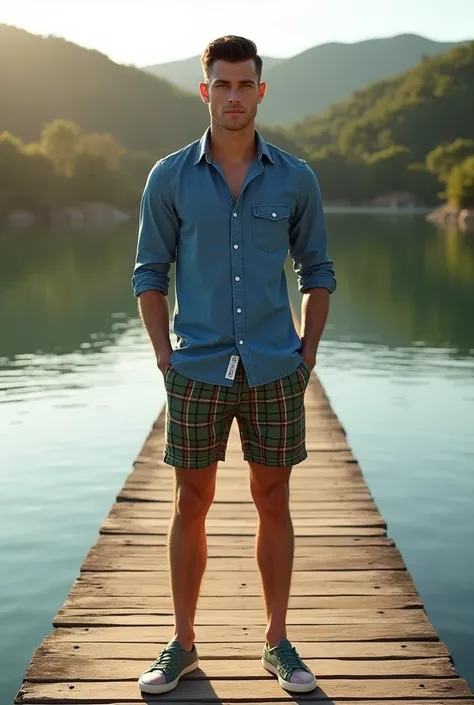 Image of a white man, model type, at 3, blue eyes, black hair, wearing a blue shirt and green and red checkered shorts on a wooden pier on a lake in the Alentejo
