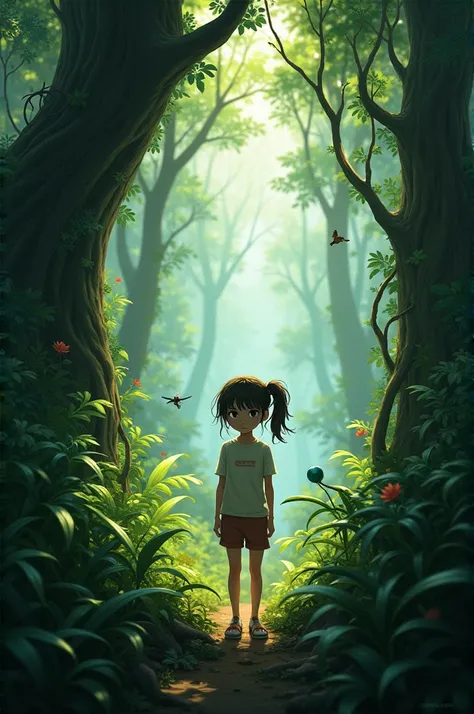 A girl lost in a jungle, looking anxious and surrounded by dense greenery.