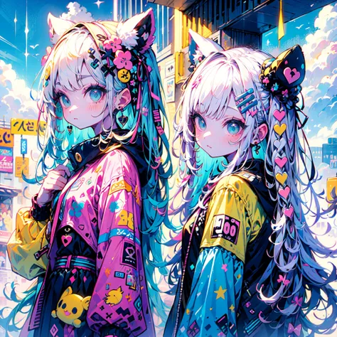 "kawaii, Cute, Adorable girl in pink, yellow, and baby blue color scheme. She wears sky-themed clothing with clouds and sky motifs. Her outfit is fluffy and soft, With decora accessories like hair clips. She embodies a vibrant and trendy Harajuku fashion s...