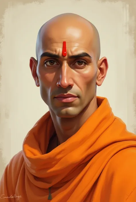 Personality of chanakya is straight nose ,no hair on head , orange dress ,medium face 