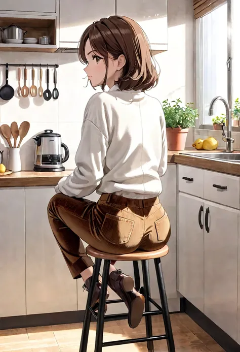 40-year-old Woman Brown hair Corduroy pants Kitchen Sitting on a stool View from the front