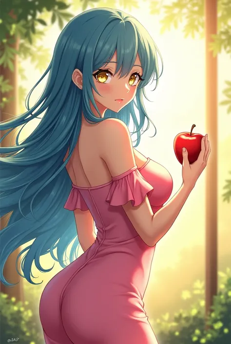 Anime girl hair blue  dress pink hot character  eye yellow girl  apple sunade




