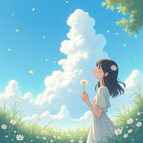 A beautiful girl is standing with a white flower in her hand. Behind the blue sky. In the sky is a stack of white autumn clouds.