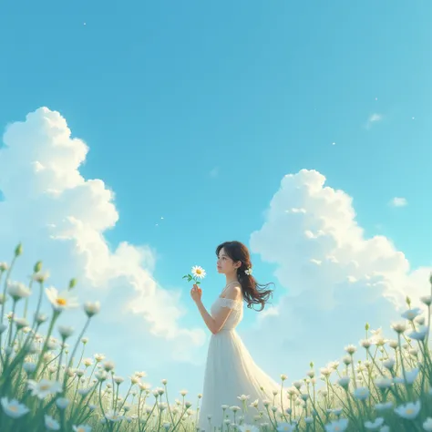 A beautiful girl is standing with a white flower in her hand. Behind the blue sky. In the sky is a stack of white autumn clouds.