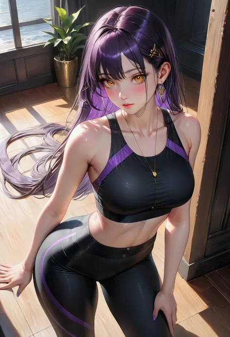 Long smooth straight black hair, inner colored dark-purple hair, golden eyes,yoga pants, masterpiece, super detail, best quality, 8k,realistic