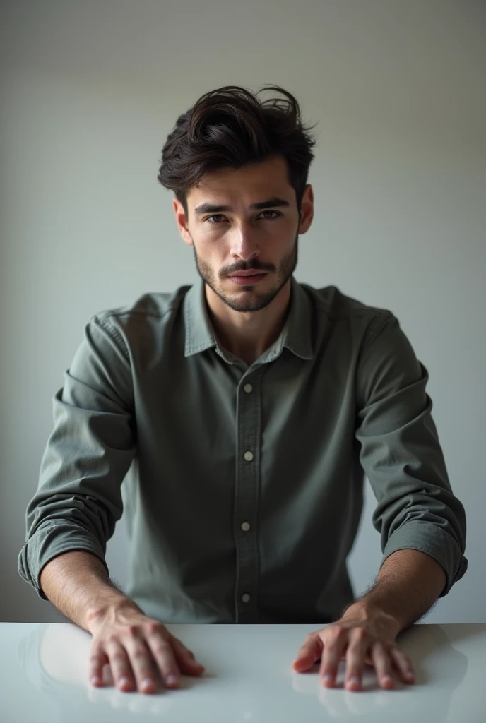 Serious young man standing silently with hands on table making a video for YouTube 