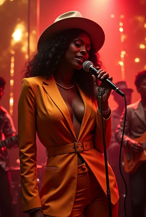 Beautiful and sexy dark skinned girl singing in a nightclub。In salsa style、Singing with a skeleton microphone stand。He was wearing a colorful suit, Bruno Mars style, and a Michael Jackson hat.、Rappers also sing。The background is gold and red reflectors。
