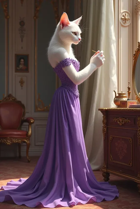 tall height white  cat wear long purple gown and doing make up in pretty house