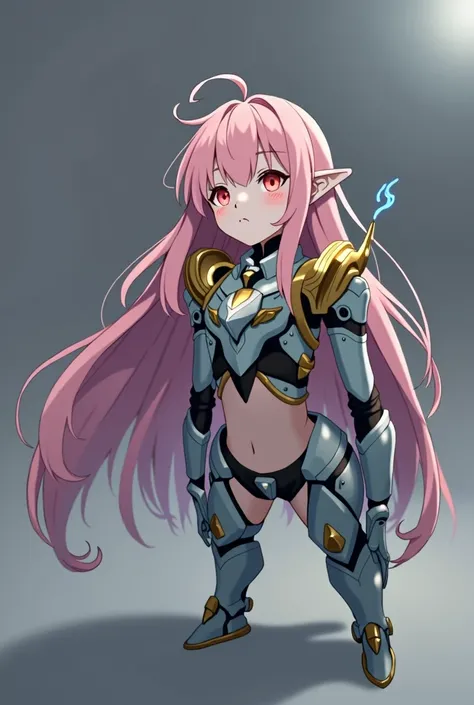 One girl, Long Hair, Pink Hair, Gundam style armor,Girl&#39;s body,look up, Close-up, Anime Style, Canon, flat breasts,Bare Skin,High resolution, とてもLong Hair, Golden accessories, Pointy Ears, Pink eyes, Heterochromia, Droopy eyes, Blushing, Luminous Acces...