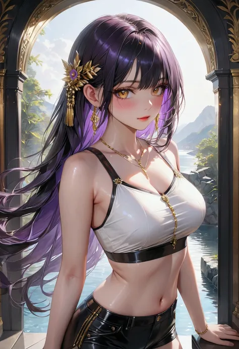 Long smooth straight black hair, inner colored dark-purple hair, golden eyes,croptop and shorts, masterpiece, super detail, best quality, 8k,realistic