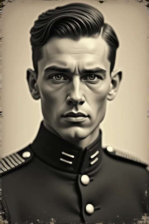 Create a vintage portrait of a young man with short, slicked-back hair, wearing a military or official uniform with stripes on the shoulders. The man has sharp facial features, including defined cheekbones and a strong jawline. The photograph should have a...