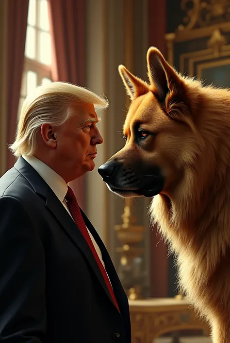 Create photorealistic image of Donald Trump meeting the King of Dogs