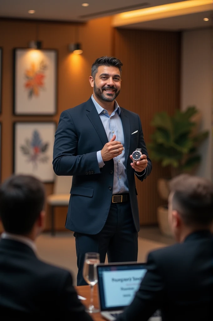 A motivational speaker is standing in front of a room with an expensive watch in his hand and his clothes set on it and he is about to speak