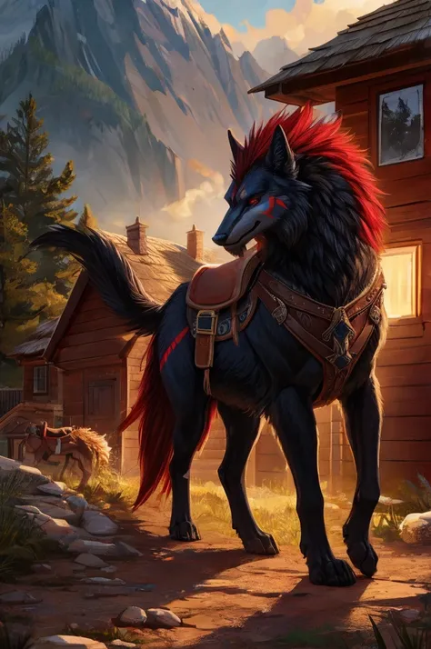 (high quality), (feral), (furry), male fenrir, the size of a house, black fur, short red hair, red markings, standing on four legs, brown saddle.