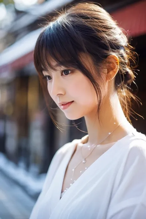 front view shot, Beautiful clavicle , japanese pretty woman, low ponytail, baby-soft skin , perfect body, Revealing necklines ,  looking at viewer, white kimono, embarrassed, wristband, white hakama, Portrait, snowing city