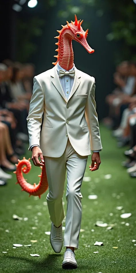 baby Red sea horse with funny giant head wearing muscular business suit in realistic full body fashion show