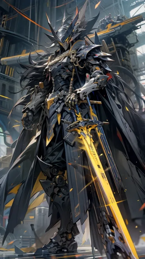 masterpiece, High detail, anime, Jet black coloring,Yellow Line, A humanoid robot transformed from a warship,Black Knight,Armour modelled on Nelson warships,Thunder effect,Giant mechanical two-handed sword,Three guns on both shoulders,Character portrait, J...