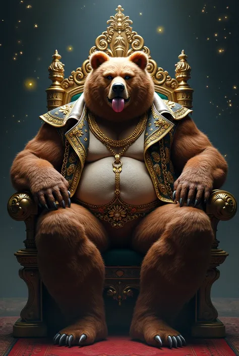 A very majestic werebear, with strong appearance, with large muscles, and very fat, wearing a jacket hat A fat man sticking out his sweaty tongue, wearing gold chains, sitting on a royal chair with dark backlights and stars behind him.